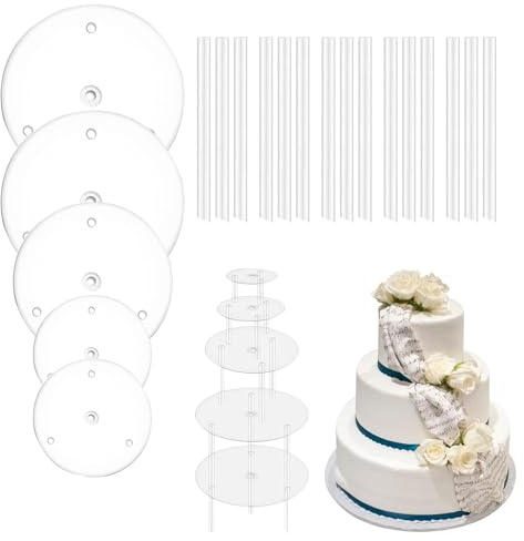 5 Tortenständer Kuchenbasis mit 15 Stück Kunststoff Dübelstangen, Tortenzubehör, Cake Stand, Tortenstütze 3 Etagen, Hochzeit