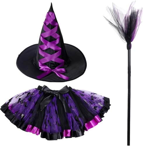 Qwrqwr Girls Witch Costume for Halloween Kids Purple Tutu Dress with Hat Magical Broom Fancy Dress Outfit Cosplay (100-115cm)