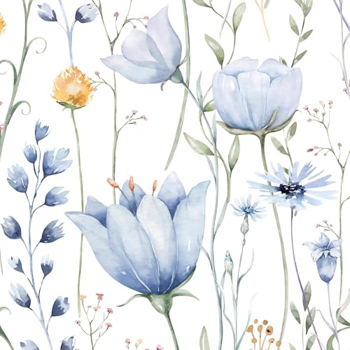 Fiula Watercolour Floral Wallpaper Blue 41cm x 300cm – Soft Botanical Peel and Stick Wall Paper, Self Adhesive, Removable & Waterproof Elegant Flower Wallpaper for Bedroom, Living Room & Nursery