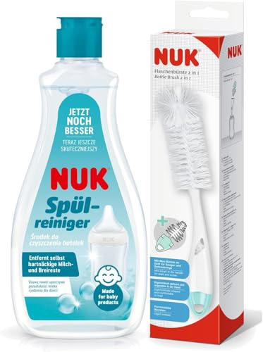 NUK Reinigungsset zur gründlichen Reinigung von Babyflaschen, Saugern & mehr | 2in1 Flaschenbürste & Spülreiniger 500 ml | entfernt hartnäckige Milch- und Breireste | frei von Duft- und Farbstoffen