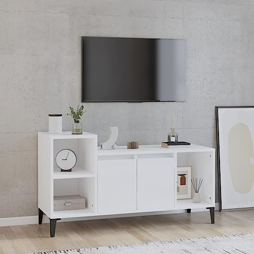 HETFTJN TV-Schrank Lowboard in Hochglanz-Weiß 100x35x55 cm aus robustem Holzwerkstoff mit Eisenfüßen Modernes Sideboard für Wohnzimmer Schlafzimmer Büro