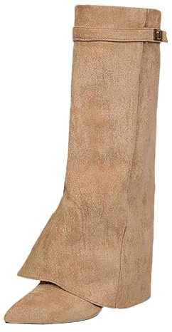 Knähöga stövlar dam slouchy stövlar vikbar over vida stövlar spets mocka Chelsea stövlar med spänne vinterstövlar damstövlar retro eleganta vinterskor för höst vinter utomhus, kaki, 37 EU