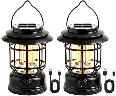 2 lampade da campeggio a LED, a energia solare, dimmerabili, USB, ricaricabili, retrò, da campeggio, IPX4, impermeabili, portatili, per pesca, emergenze, tenda all'aperto (nero)