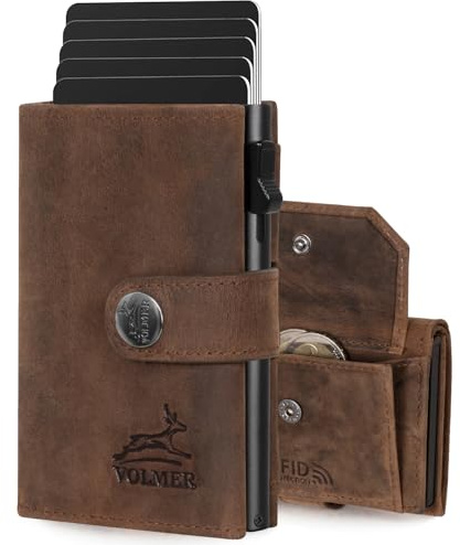 Fa.Volmer ® POP-UP Kartenetui mit Münzfach aus Echtleder für Herren & Damen | 12 Karten | RFID Schutz | Geldbörse VO45P (Hunter Brown, Großes Münzfach)
