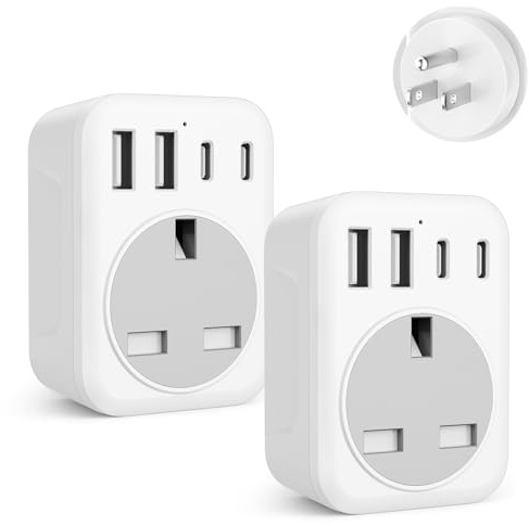 2 Pack UK To USA Plug Adapter, 5 IN 1 American Travel Adaptor with 2 USB C & 2 USB A, US Plug Adapter for Canada, Thailand, Mexico, Bahamas etc,Type B