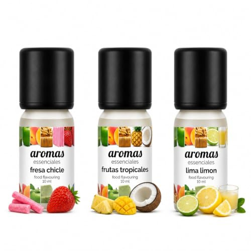 Aromas Alimentarios Concentrados Pack 3 x 10 ml Fresa Chicle + Frutas Tropicales + Lima Limón | Esencias para Reposteria, Bebidas, Postres y Cocina