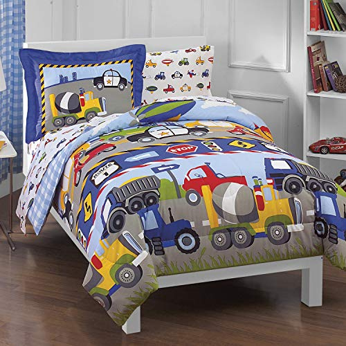dream FACTORY Trucks Tractors Cars Boys 5-Piece Bedding Kids Construction Comforter Sheet Set, Twin Blue Red Multi