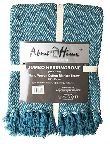 About Home Herringbone Cotton Blanket Throw, Settee Cover (TEAL/Natural, 50x60)