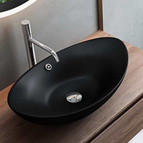 Mai & Mai Waschbecken Oval 59x38cm Aufsatzwaschbecken aus Keramik | Waschschale mit Nano-Beschichtung in matt Schwarz, Waschtisch Brüssel818