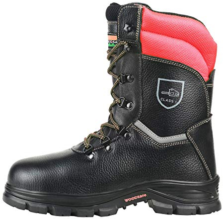 WOODSafe®, Herren, Schnittschutzstiefel, Klasse 1, S3, Farbe schwarz/rot, Forststiefel, KWF geprüft, Stahlkappe, durchtrittsicher, Leder, wasserabweisend, Größe 44 EU