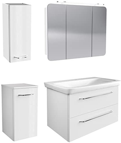 FACKELMANN weisses Hochglanz Badmöbel Set 5-TLG. Milano hängend Keramikbecken 100 cm & 3 türigem LED Spiegelschrank