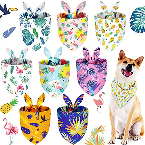 Frienda 8 Pieces Summer Pet Bandanas Triangle Dog Bandana Hawaiian Dog Scarf Triangle Bibs Adjustable Rainforest Fruit Flamingo Style for Small Large Pet(L)
