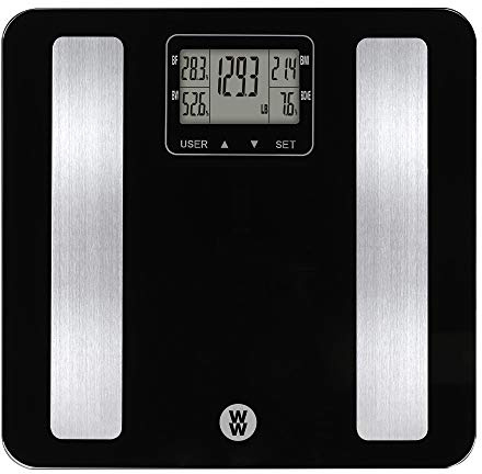 Weight Watchers Scales by Conair BathroomScale for Body Weight,Glass Digital Scale with Body Analysis Measures Body Fat, Body Water,BMI, & Bone Mass for 4 Users, Measures Weight up to 400 Lbs.in Black
