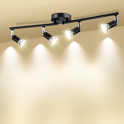 HURYEE Track Lighting Kit, 4 Head Foldable Ceiling Spot Light with GU10 Socket for Kitchen Hallyway Bedroom Fixture Directional Accent Lamp (Black)