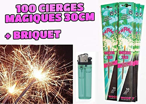 Weco - Lot de 100 cierges Magiques (Scintillants ou étincelants) Taille XL 30 cm, durée 70 Secondes + Briquet Catégorie F1
