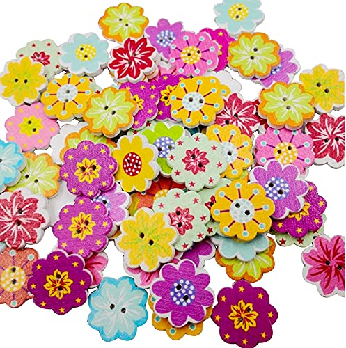 Vasemele Bunte Knöpfe 100 Stück zum Basteln - Handmade Holzknöpfe Bedruckte mit 2 Löcher zum Nähen und Basteln von Dekorationen