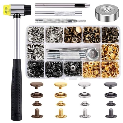 MMOBIEL 120 Pcs Snap Button Kit Snaps Fastener Stainless Steel 4 Colors for Jeans, Jackets, Clothing Incl. Heavy Duty Punch Hole Pliers and Hammer