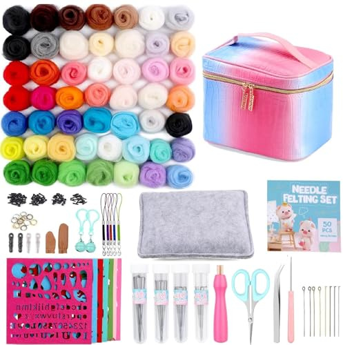50 Colors Needle Felting Kit, 185 Pcs Needle Felting Tools and Supplies with Wool Roving, Needle Felting Starter Kit for Beginners with Felting Needles, Felting Mad for Diy Hand Craft Home Decoration