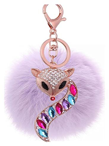 Canarea Schlüsselanhänger Plüsch Pompons Flauschige Pompom Taschenanhänger, Faux Kaninchen Pelz Plüschball mit Mini-Fuchs Strass Kugel bommel Keychain-ring für Handtasche Schlüssel (Hell Violet)