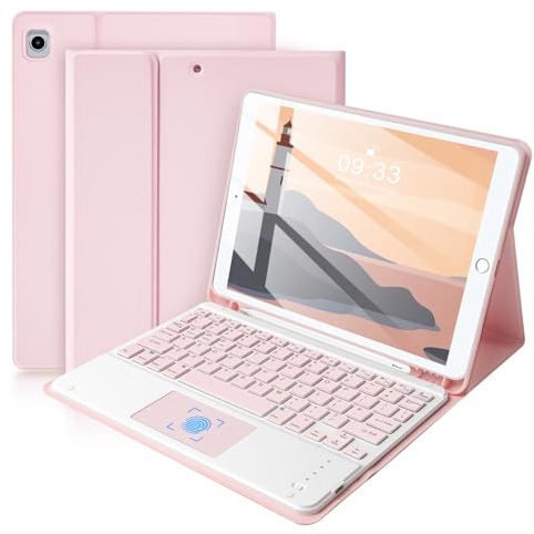 SOPPY Funda con teclado para iPad con panel táctil, teclado Bluetooth para iPad 10.2 9ª generación/8ª generación/7ª generación, iPad Air 3, soporte para bolígrafo integrado, color rosa