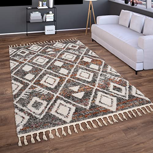 Paco Home Hochflor Teppich Wohnzimmer Schlafzimmer Shaggy Boho Modern Skandinavisch Geometrisches Rautenmuster Fransen, Grösse:160x220 cm, Farbe:Bunt