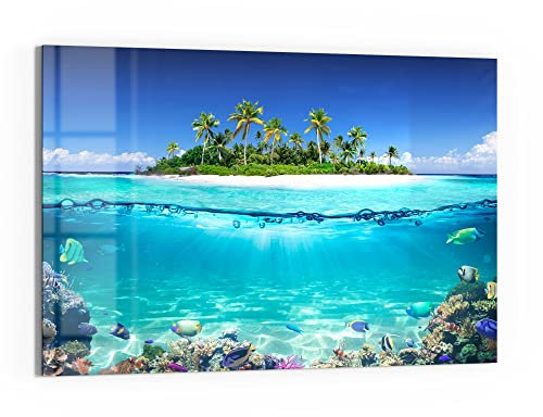 DEQORI Glas-Magnettafel | 60x40 cm groß | Motiv Insel im tropischen Meer | Memo-Board aus Glas | Magnetboard inkl. Magnete, Stift & Tuch für Küche & Büro | Tafel magnetisch & beschreibbar