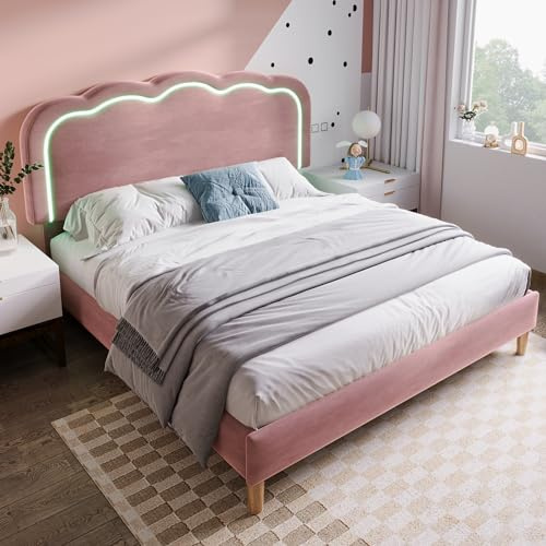 KUAKE Lettino imbottito per bambini, 140 x 200 cm, letto matrimoniale con rete a doghe e testiera regolabile, grazioso letto per ragazzi con testiera a LED a forma di sbuff, letto imbottito, in
