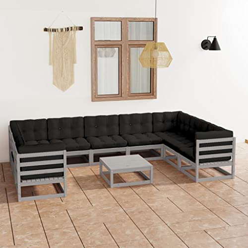 QZZCED Gartenmöbel-Sets Terrassenmöbel Garten-Couch-Set Balkonmöbel-Sets 10-TLG. Garten-Lounge-Set mit Kissen Grau Massivholz Kiefer für Gärten, Terrassen, Balkone