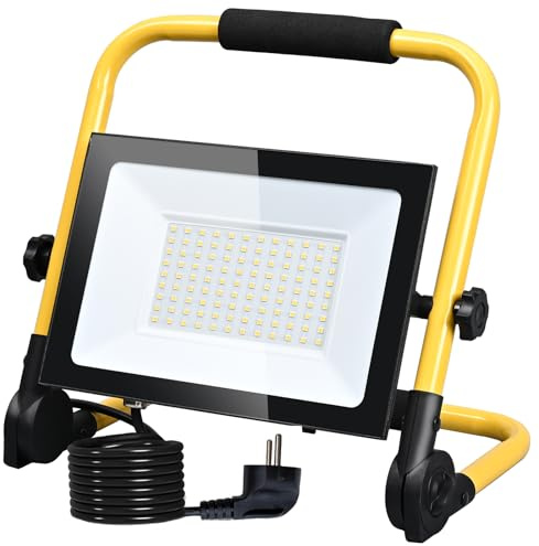 Hopelit LED Baustrahler 100W Warmweiß, LED Arbeitsleuchte mit Stecker und Rutschfest Faltbarer Ständer, Baustellenlampe Wasserdichtes IP66 für Garage, Baustelle etc.