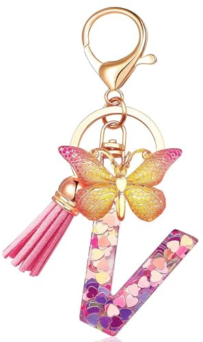 Vorysum Schlüsselanhänger Kinder Schlüssel Buchstabe Anhänger Schmetterling Rosa Mit Anfangsbuchstaben Gold Schlüsselringe Herzförmig Harz Schlüsselanhänger Personalisiert Mädchen Keychain Geschenk-V