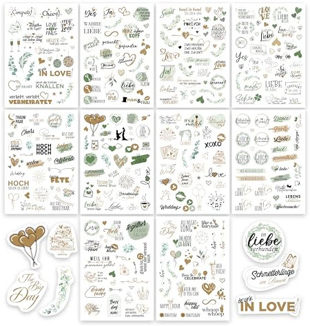 colortouch Hochzeit Aufkleber Gästebuch (325 Motive), Sticker Hochzeit für Fotoalbum, 10 Blatt Hochzeitssticker für für Scrapbook oder Bullet Journal, Vintage Hochzeitsdeko, Wedding Deko mit Herz