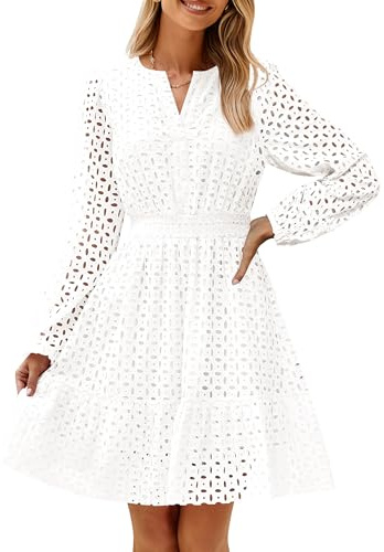 ZESICA Women's 2025 Long Sleeve Mini Dress Fall V Neck Hollow Out Eyelet Embroidery Ruffle A Line Swing Short Dresses,White,Medium