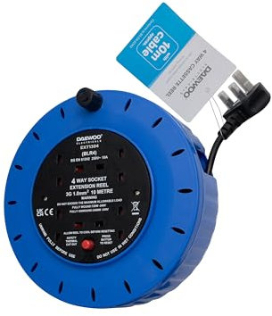 Daewoo Extension Reel, 4 Gang 10 Metres Cassette Reel, with Resettable Safety Cut Out