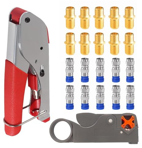 hrsyyl Kit de herramientas de crimpadora de cable coaxial, herramienta de compresión coaxial, pelacables con 10 conectores RG6 tipo F + 10 extensores de cable coaxial RG6