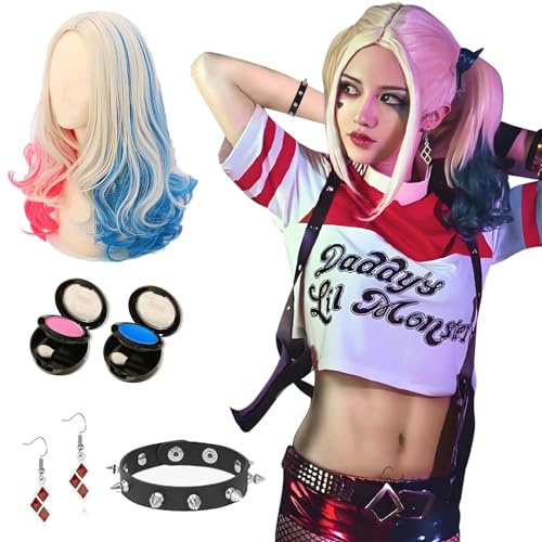 Ronronner Quinn Cosplay Perücke für Erwachsene - Rosa & Blau, Komplettset mit Ohrringen & Armbändern - Nur für Erwachsene, nicht für Kinder unter 14 Jahren geeignet
