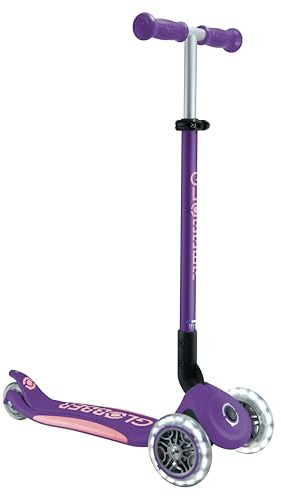 GLOBBER Primo Foldable Plus Lights Roller – sparkcykel barn från 3 år – scooter 120/80 mm – ABEC 5, 3-hjulig med LED-hjul – justerbar höjd – lila pastellrosa