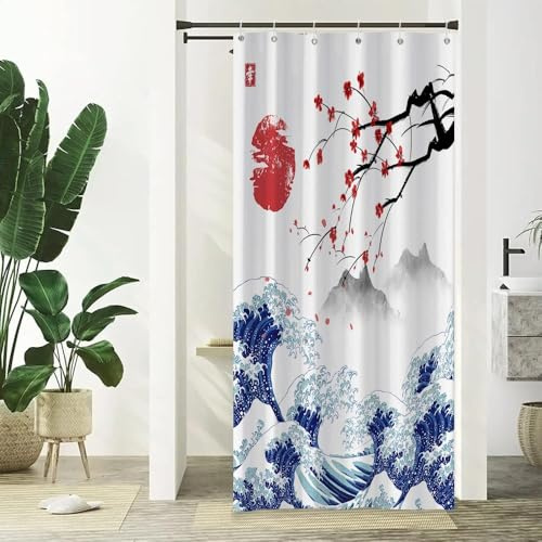 Xiaoterna Tenda da doccia con pittura tradizionale giapponese Kanagawa Grande Onda Tenda da doccia Fiori di ciliegio rosso e sole paesaggio montano giapponese Tenda da bagno impermeabile 90x180cm