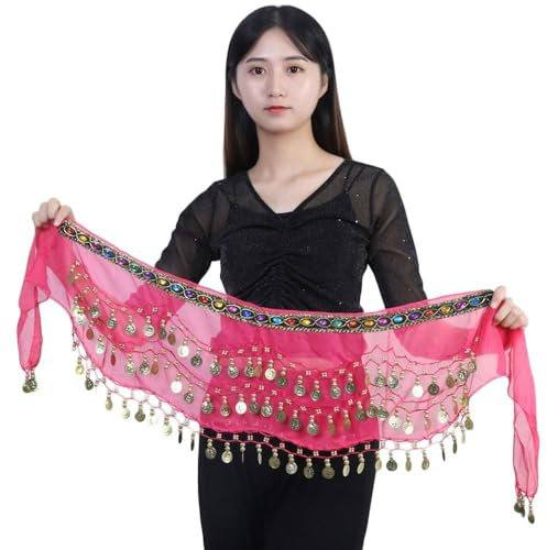 HESHUYAN Bauchtanz HüFttuch Tänzerin Rock Frauen Bauchtanz Hüfttuch Wrap Gürtel Tänzerin Rock weibliche Show Kostüme Pailletten Quasten Bauchtanz KostüM Damen(Rose red)