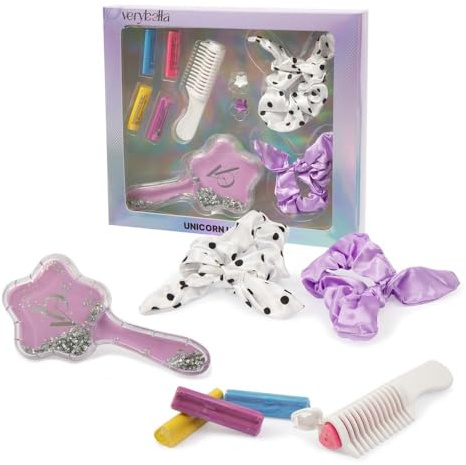 Verybella Juego de pelo de unicornio, contiene 2 gomas de colores, 1 cepillo desenredante, 1 peine, 2 pinzas, 4 tizas para colorear el cabello para un look multicolor