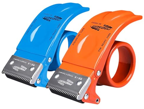 2-pack 5 cm bred fraktförpackningstejpdispenser, slitstark metallpackningstejpistol, handhållen bandskärare för att flytta postkartong tätning, transport (orange och blå)