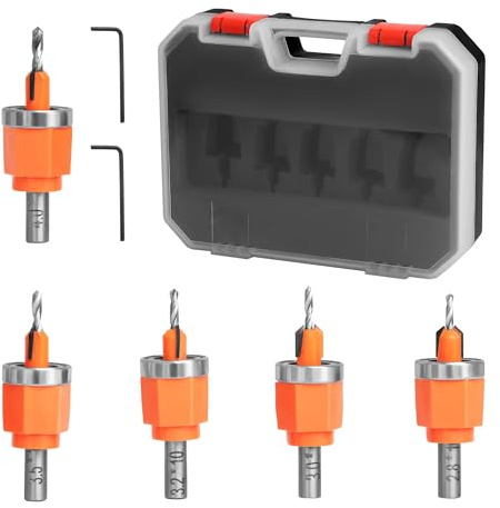 5Pcs Limit Countersink Drill Bit Set, Adjustable Depth Wood Countersink Drill Bit Kit, Includes 1/8, 5/32, 3/16, 7/32, 1/4 Drill Bits,Ideal for Woodworking and PVC Edge Banding (Drill Bits Only)