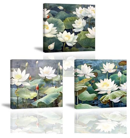 Piy Painting Natur Landschaft Leinwand Bilder, Wandbilder mit Rahmen,Weiße Blume Leinwandkunst Bilder, Sommer Szenerie, Leicht Zu Hängen Für Schlafzimmer Wohnzimmer Badezimmer, Set von 3, 30x30 cm