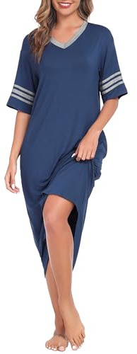 Vlazom Women's Long Nightshirt V Neck Nightdress Boyfriend Style Oversized Sleepshirt Loose Nighties with Pockets,Cobalt Blue,XXL