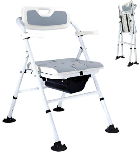 CYHWQ Silla WC Personas Mayores con Inodoro y Asiento Acolchado, Silla Orinal Plegable de Aluminio Regulable en Altura, Silla Baño Adulto con Apoyabrazos Abatible y Patas Antideslizantes, Carga 150 kg