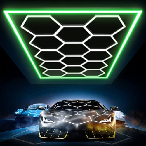 VASTFIRE Hexagon LED Garagenlicht, 14-Pack Wabenleuchten mit Rechteck Rot Blau Grün Frame 6500K für Garage, Keller, Lager etc (Grün)