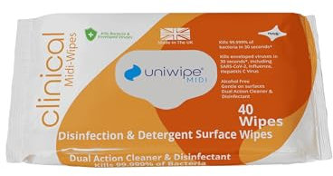 Uniwipe Clinical Disinfectant Midi-Wipes - 40 Pack - Specially Formulated Cleaning & Disinfection Wipe For High Infection Risk Areas