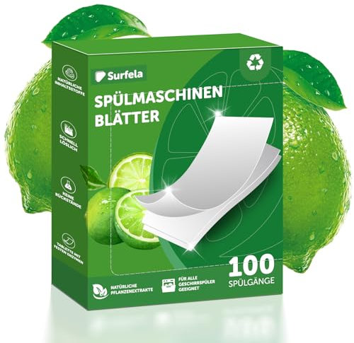 Surfela Fogli per Lavastoviglie, 100 Lavaggi, Senza Plastica e Sostenibili, Pulizia Potente con Enzimi Proteasi contro Proteine e Grassi, Sostituto Ecologico delle Pastiglie per Lavastoviglie