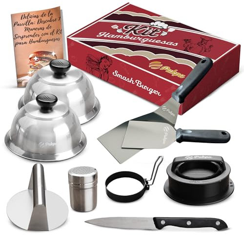 Kit Smash Burger Profesional – Prensa para Hamburguesas, Espátula, Campana para Cocinar, Set de Barbacoa, Accesorios Cocina Hombre – Acero Inoxidable, Ideal para Parrilla o Sartén (Negro)