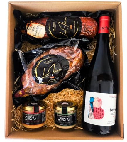 LUX IBÉRICO - Cesta Gourmet para Regalar Luxitania – Caja de Productos Ibéricos – Lote con Vino, Morcón de Bellota, Lomito de Bellota y Cremas de Queso de Oveja - Regalo Original Premium