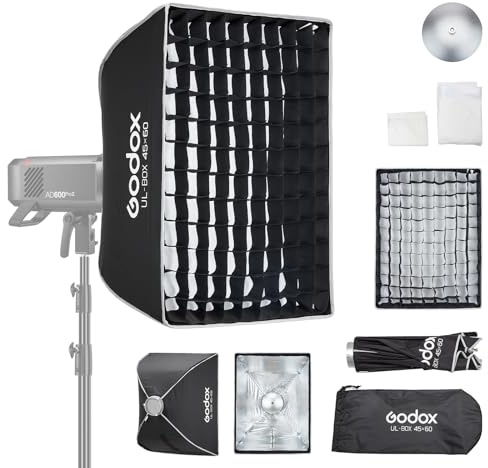 Godox UL Softbox mit Gitterdiffusor, 45 * 60cm Schnell Aufbaubare Softbox mit Bowens Halterung, Kompakte Fotobeleuchtung, Godox Softbox für Fotografie Flash Dauerlicht Monolight Blitz (45 * 60cm)